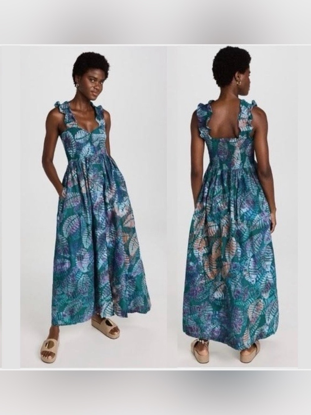 Sika Smocked Teal Maxi Cotton Dress Tropical Print Resort Vacation US size 12